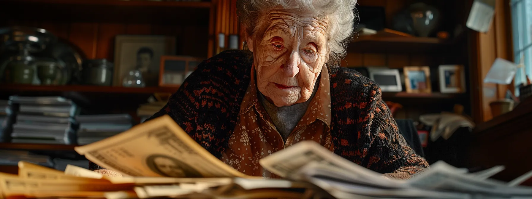 a somber elderly woman looking at a pile of medical bills and funeral expenses spread out on a table.