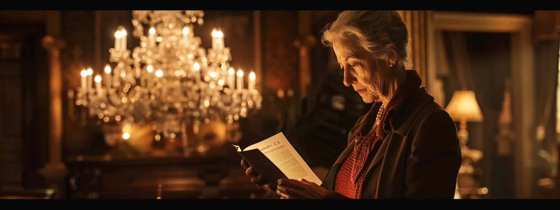 a somber elderly woman reading a final expense insurance policy under a dimly lit chandelier in a elegant room.