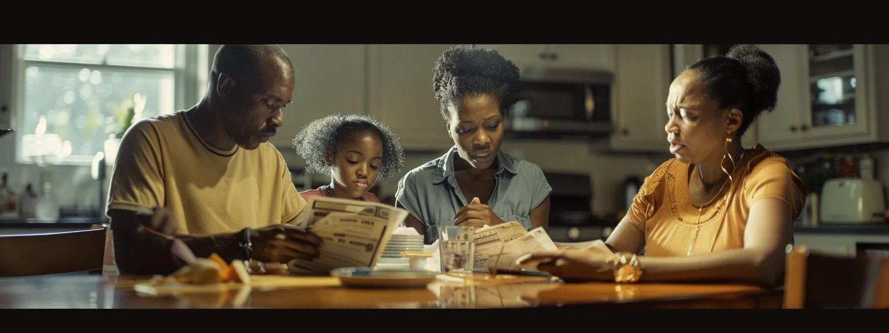 a somber family gathering around a kitchen table, reviewing bills and credit card statements with worried expressions.