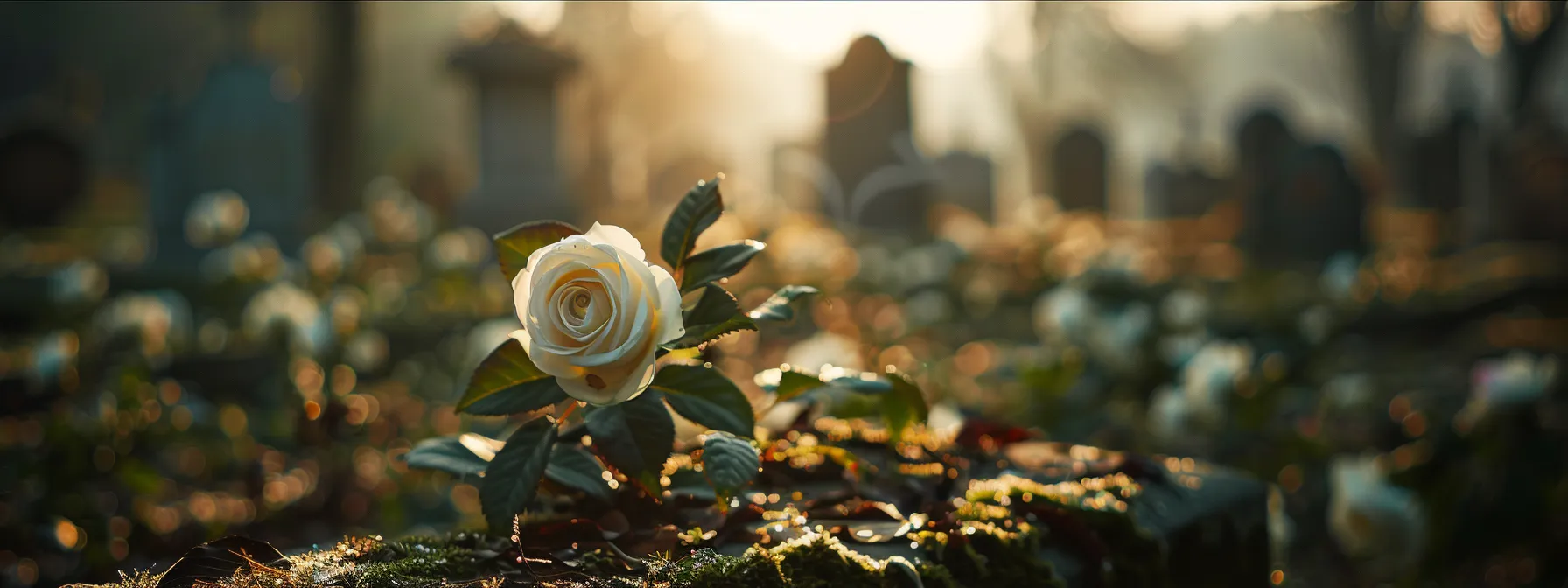 a somber, family gathering at a cemetery with a single white rose placed on a gravestone.