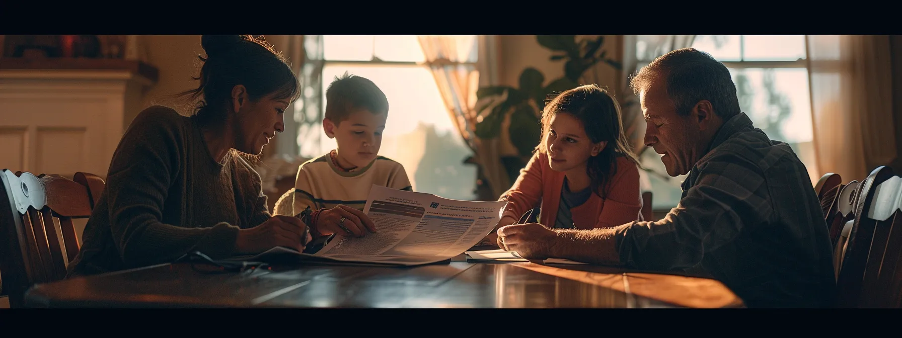 a somber family sitting around a table, reviewing documents and discussing end-of-life planning, with a universal life insurance brochure in hand.