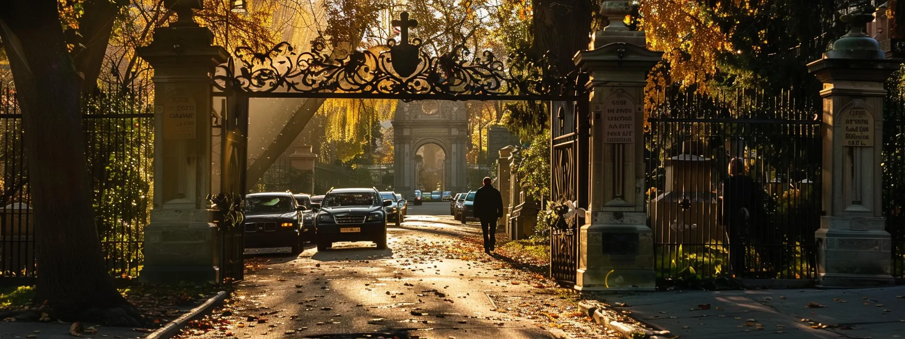 a somber funeral procession slowly approaches a grand, ornate cemetery gate, symbolizing the growing costs of funeral and burial services.