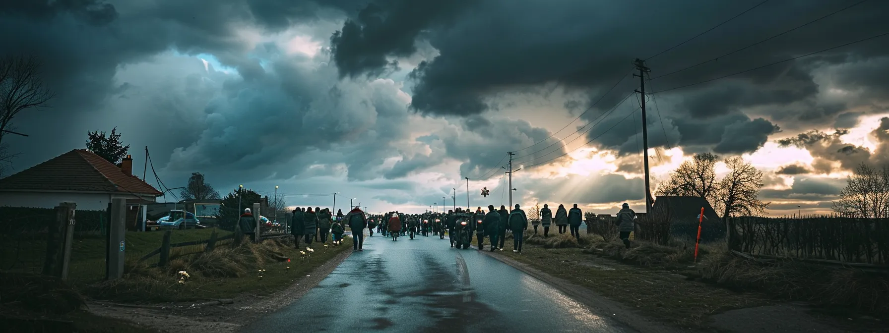 a somber funeral procession, with dark clouds looming overhead, highlighting the financial burden of end-of-life costs.