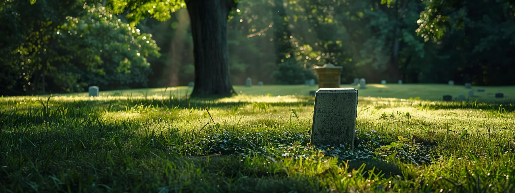 a somber scene of a peaceful cemetery with a single white headstone standing out against the lush green grass.