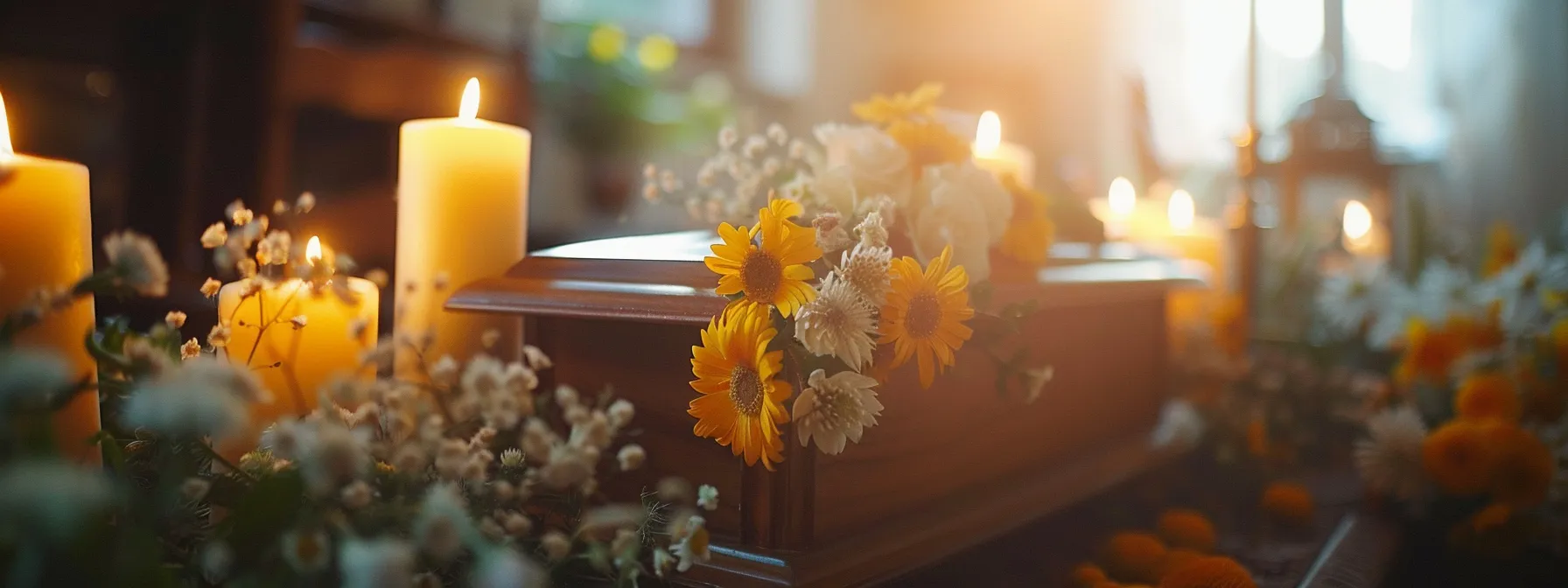 a somber scene showing a simple wooden casket surrounded by funeral flowers and candles.