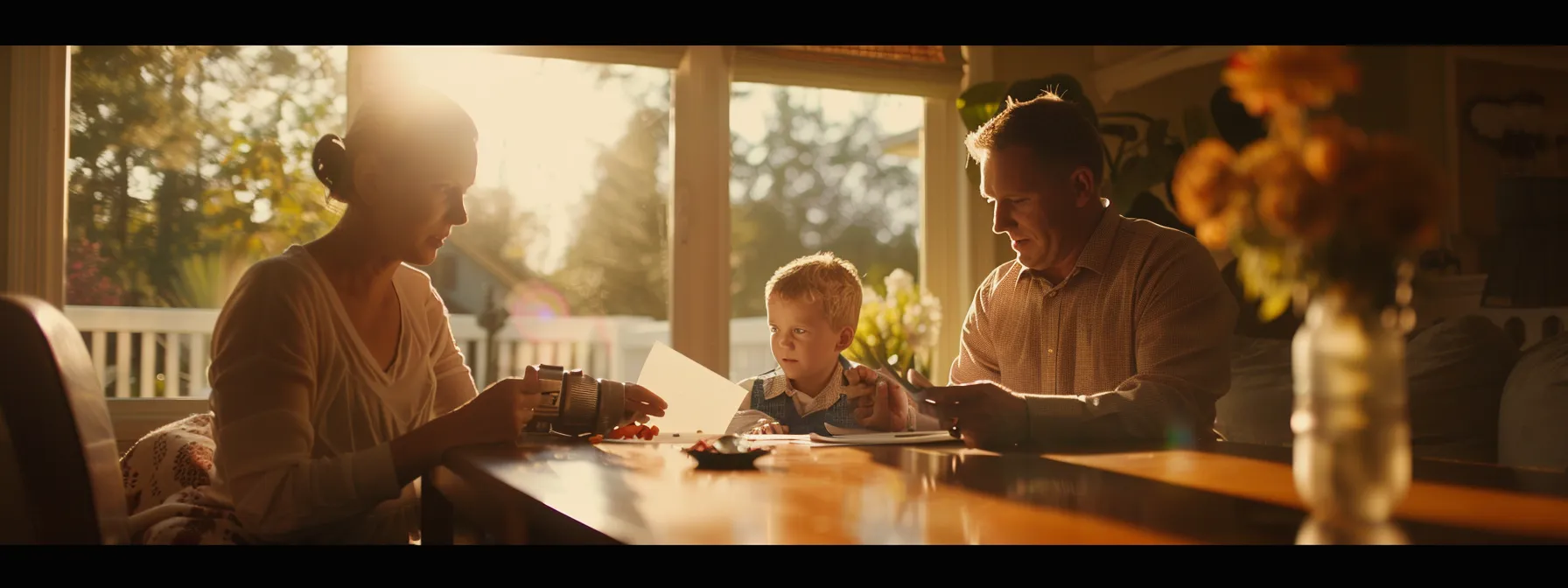 a somber yet reassuring scene of a family reviewing final expense insurance policy options with a caring insurance agent.