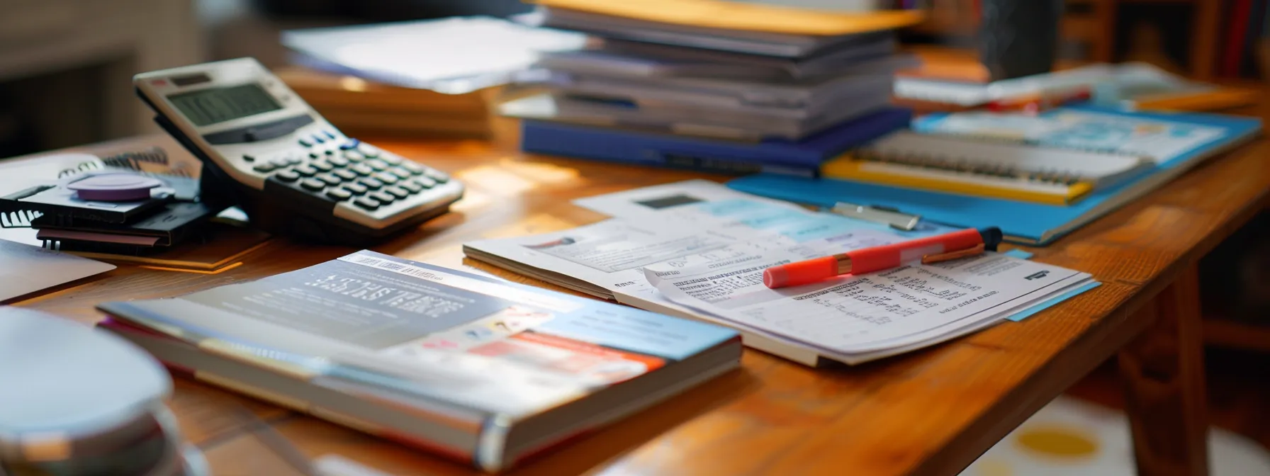 a table with various brochures from different final expense insurance providers, a calculator, a notebook, and a pen, all neatly organized for comparison.