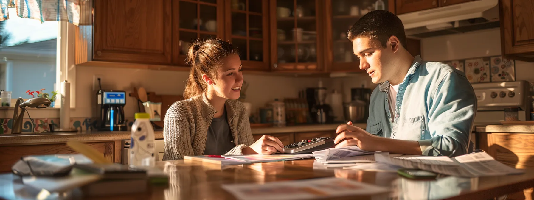 a young couple sitting at a kitchen table, with papers and calculators around them, discussing financial planning options.