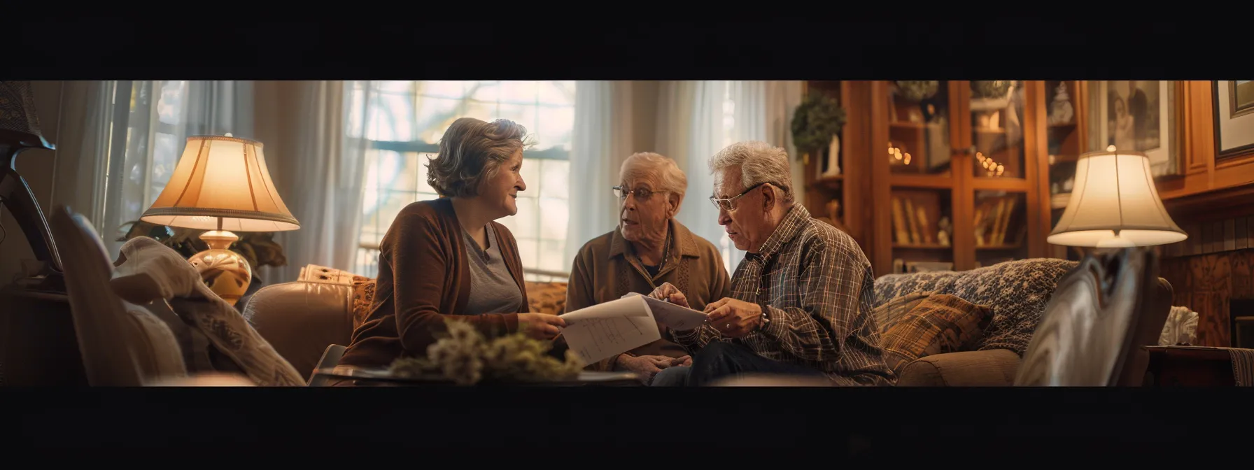 an elderly couple confidently reviewing final expense insurance policy options with a knowledgeable agent in a cozy living room setting.