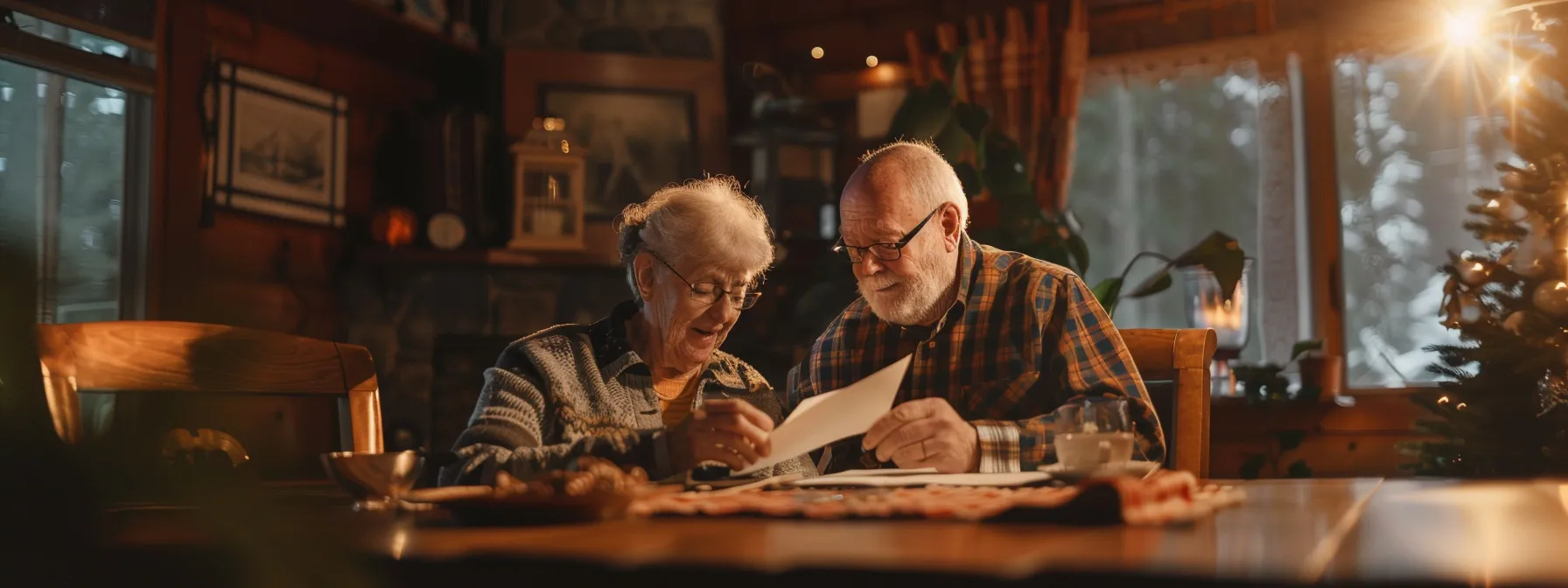 an elderly couple happily reviewing their final expense insurance policy at a cozy dining table with family photos in the background, showcasing financial security and peace of mind.