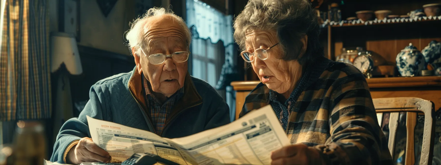 an elderly couple reviewing final expense insurance policy brochures with a concerned expression on their faces, surrounded by papers and calculators.