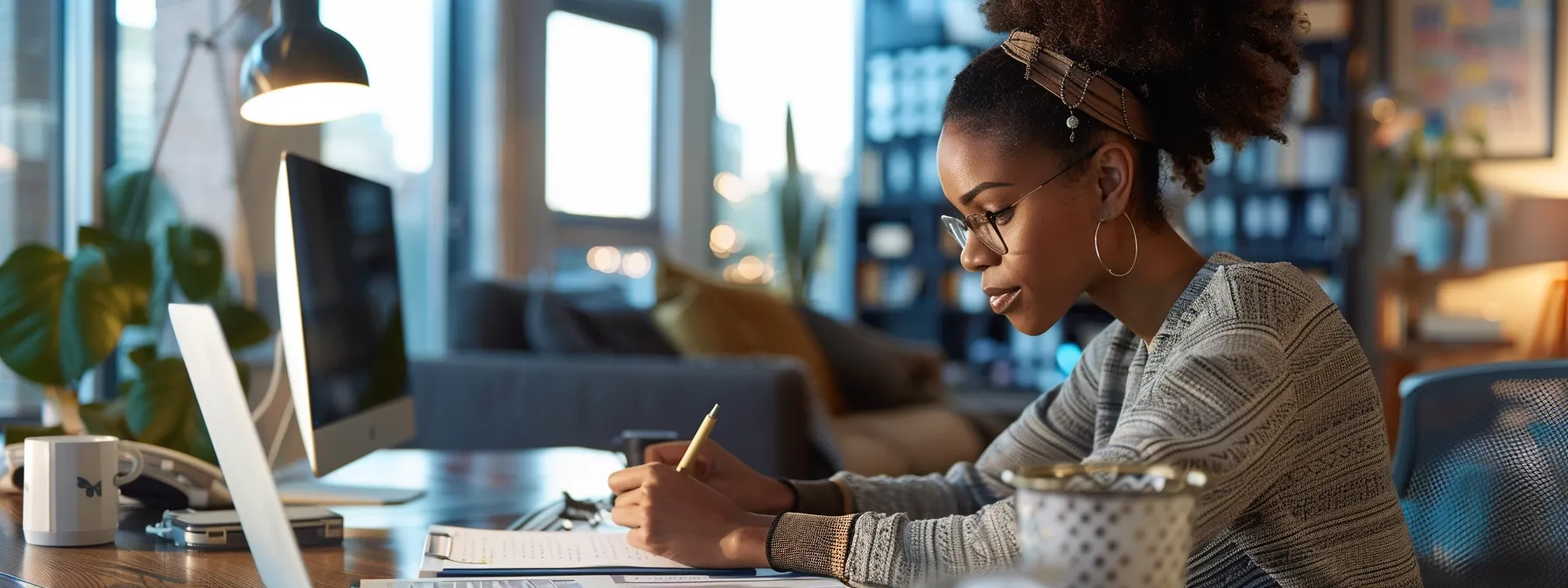 an individual filling out a final expense insurance application form at a sleek, modern desk with a confident and focused expression.