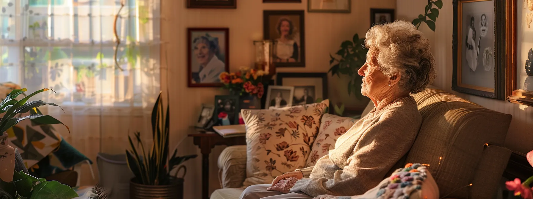 a peaceful, serene elderly person sitting in a cozy living room, surrounded by family photos and comforting décor, highlighting the warm and personal nature of final expense insurance.