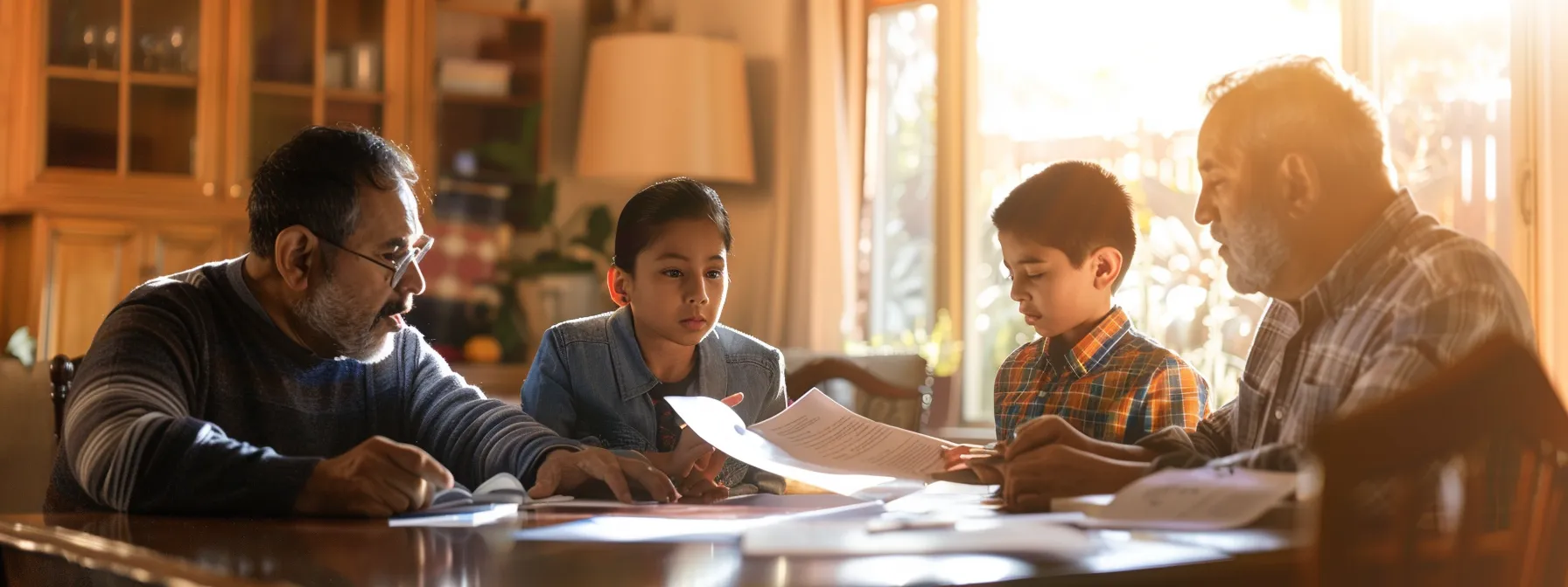 a family sitting around a table, calmly discussing burial insurance options with important paperwork and a reassuring advisor present.