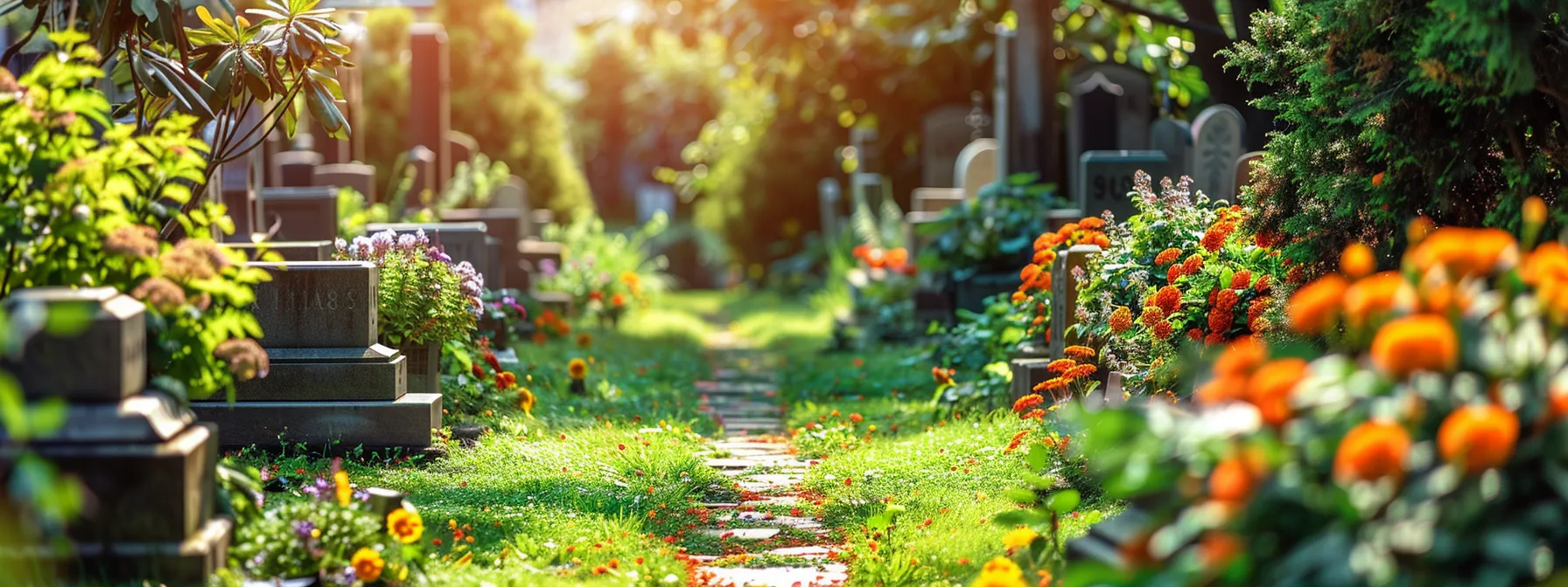 a serene cemetery with rows of gravestones, surrounded by lush greenery and colorful floral arrangements, symbolizing the different types of burial insurance policies discussed.