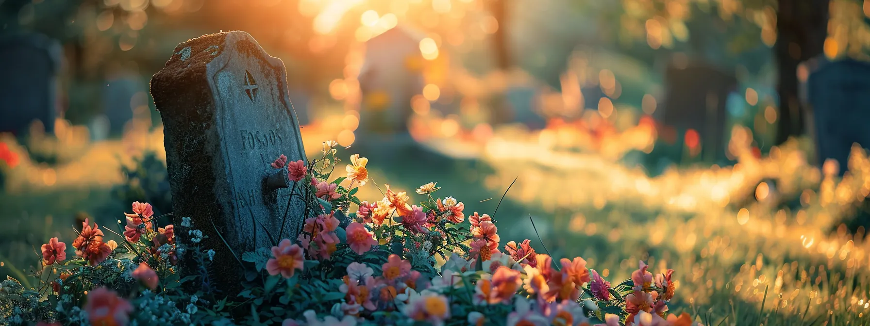 a serene graveyard with a solitary tombstone surrounded by blooming flowers, representing financial protection and honoring final wishes through burial insurance for parents.