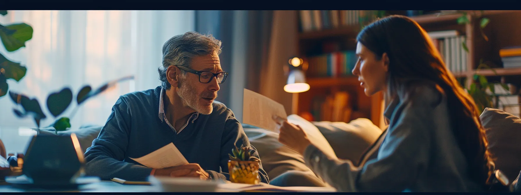 a thoughtful advisor sitting with a family, discussing burial insurance options, surrounded by piles of informative documents and charts.