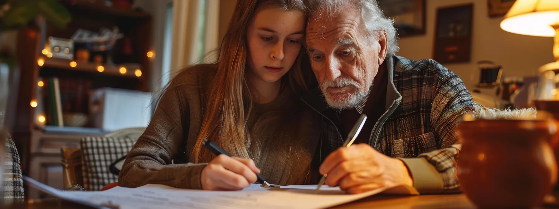 an adult child carefully completes an application for burial insurance for their elderly parents, surrounded by paperwork and a pen, with a look of determination and focus.