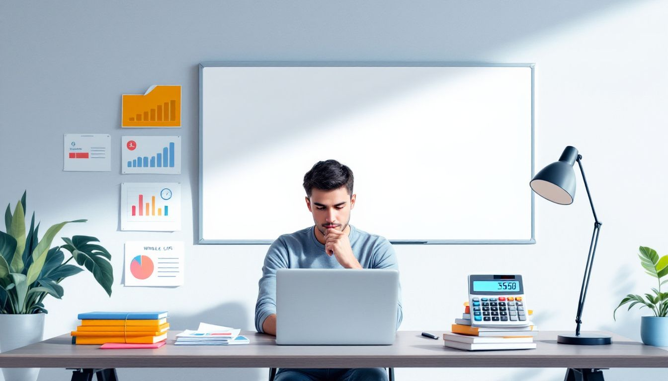 A person managing multiple life insurance policies with a calculator and documents.