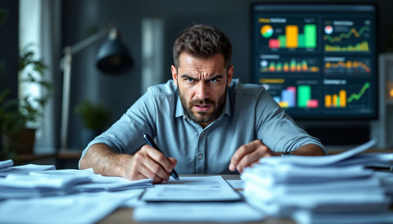 A person looking stressed while reviewing multiple life insurance policies, highlighting the challenges involved.