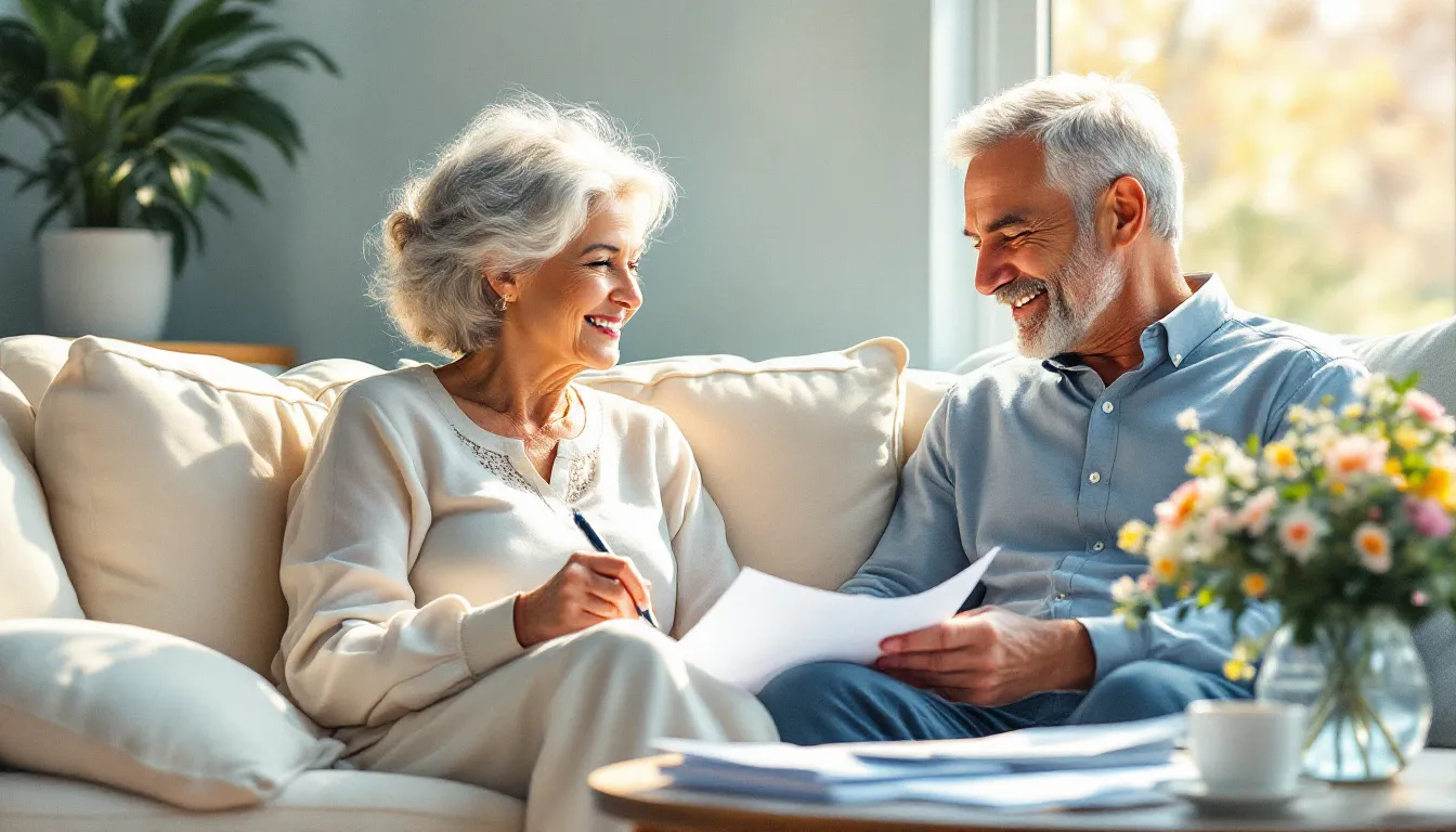 An elderly couple reviewing life insurance options together.