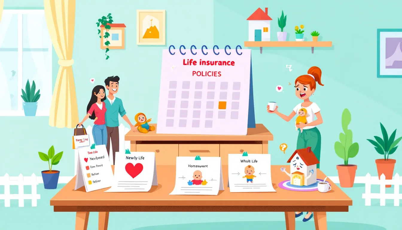 Different types of life insurance policies displayed on a table.