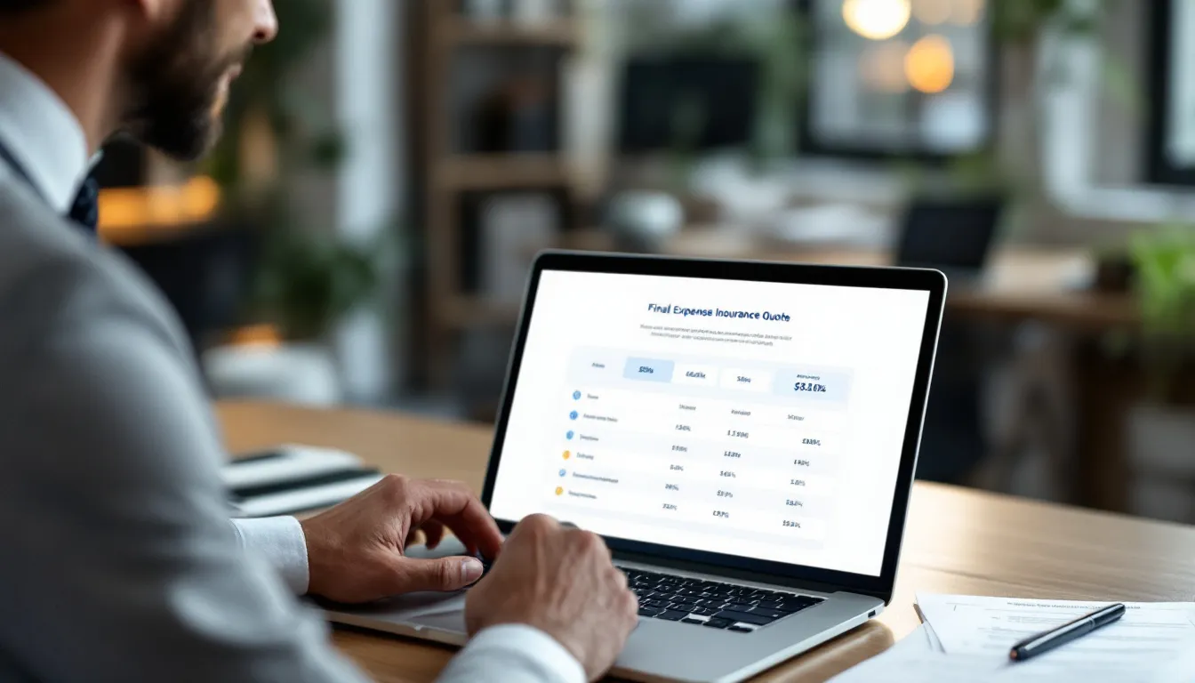 An individual reviewing a final expense insurance quote on a laptop.