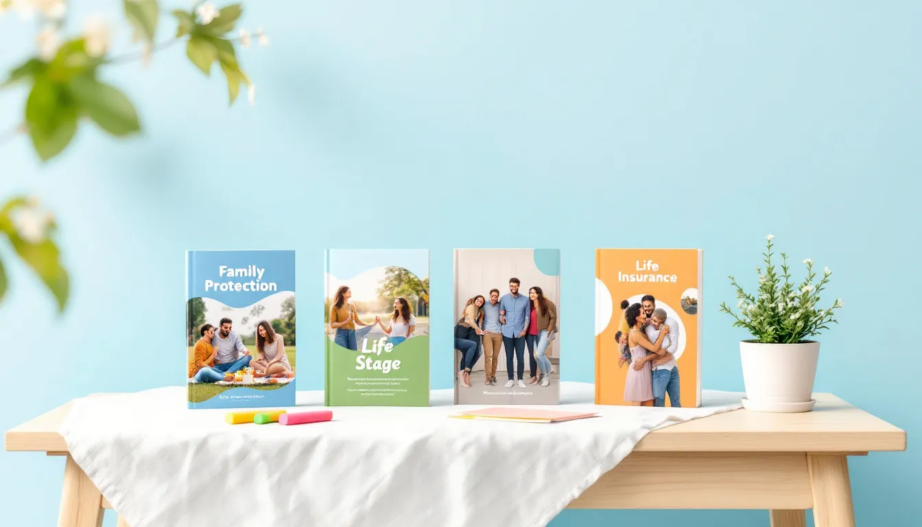 Various types of life insurance policies displayed on a table.