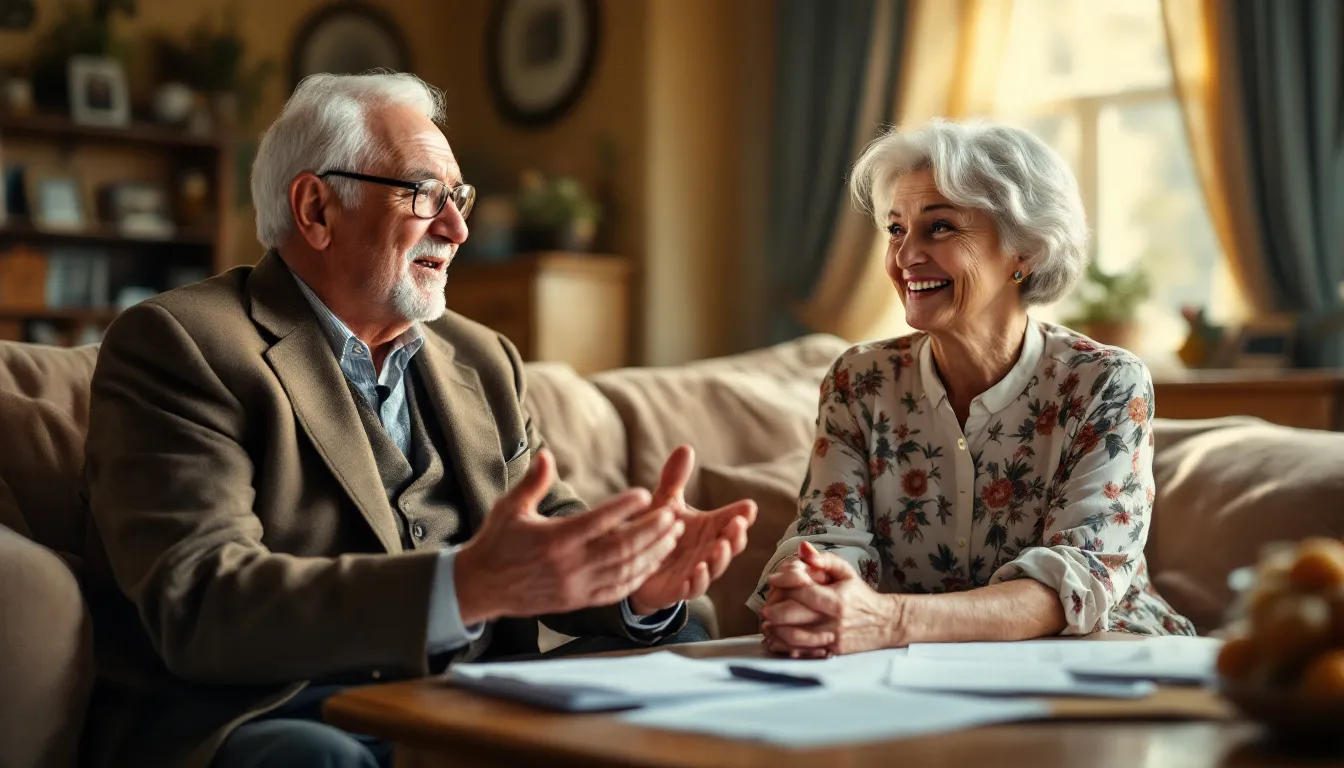 An elderly couple discussing whole life insurance options.