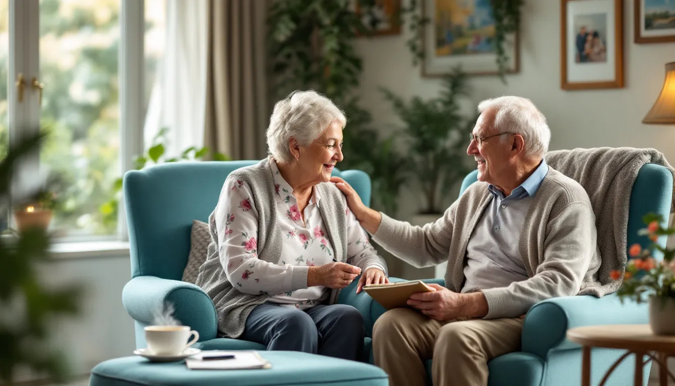 An elderly couple discussing life insurance options for their future.