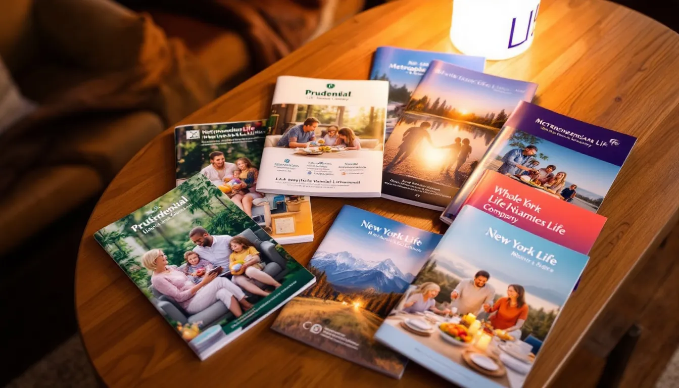 A selection of brochures from top whole life insurance companies for seniors.